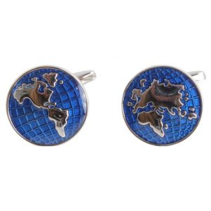 World Map in Blue and Silver Round Cufflinks in rhodium plate from Dalaco 1