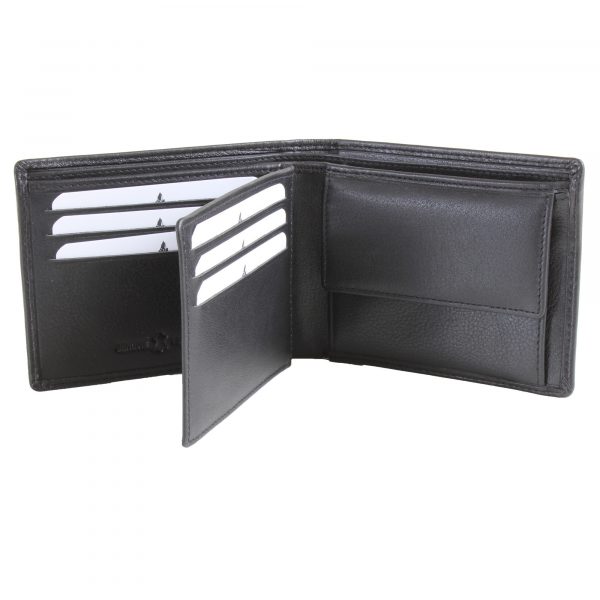 Luxury Leather Wallet with Coin Pouch, RFID card protection by Dalaco Black open showing card slots and pocket