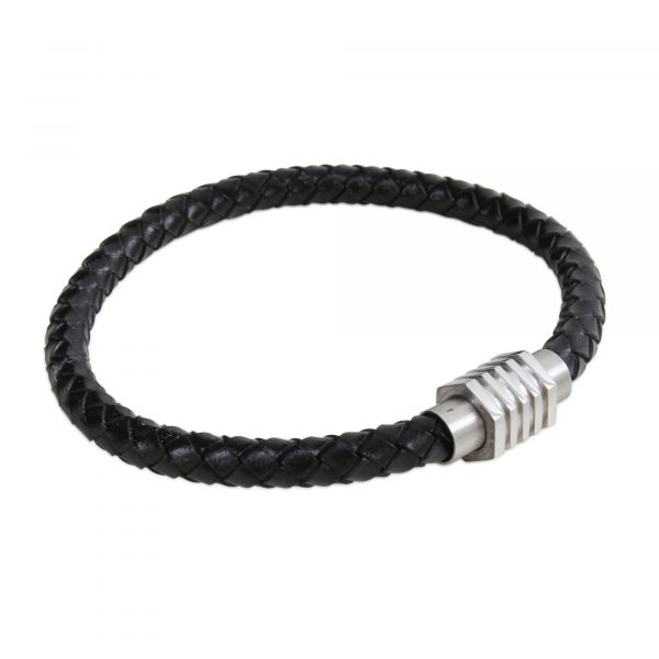 Bracelet - Black Leather Skinny and Hexagonal Magnetic Clasp B-04