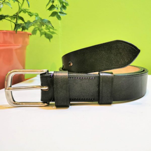 Classic Belt - Devon Black with Black Edge and Bright Purple Stitch on 112 Stainless Steel West End Buckle - top and tail
