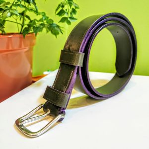 Classic Belt - Bakers Green with Purple Edge and Stitch on 112 Stainless Steel West End Buckle - standing
