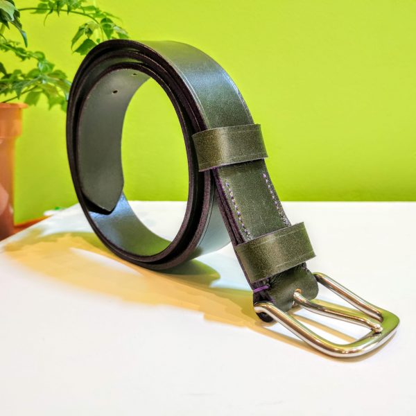 Classic Belt - Bakers Green with Purple Edge and Stitch on 112 Stainless Steel West End Buckle - standing to right