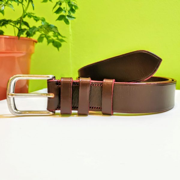 Belt - Essential Distressed Classic in Australian Nut S2 Veg Tan Leather with Red Edge and Stitch on 112 Stainless Steel West End Buckle - head and tail