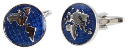World Map in Blue and Silver Round Cufflinks in rhodium plate from Dalaco