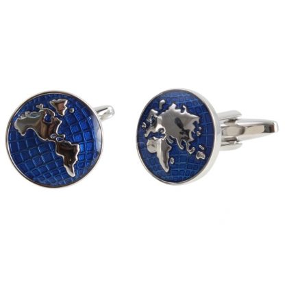 World Map in Blue and Silver Round Cufflinks in rhodium plate from Dalaco 2