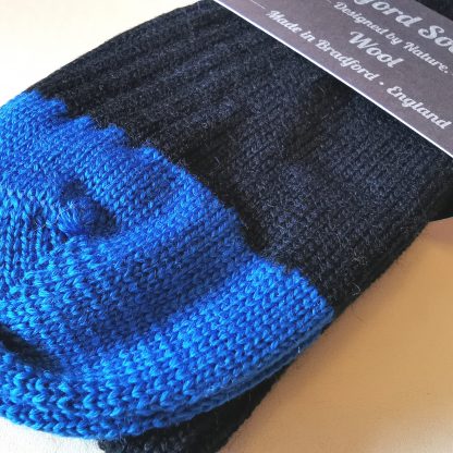 Wool Socks in Black and Blue close up by The Bradford Sock Company
