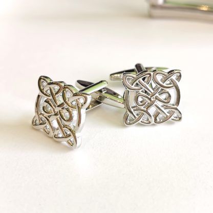 Celtic Knot cufflinks in silver coloured rhodium plate by Dalaco - standing