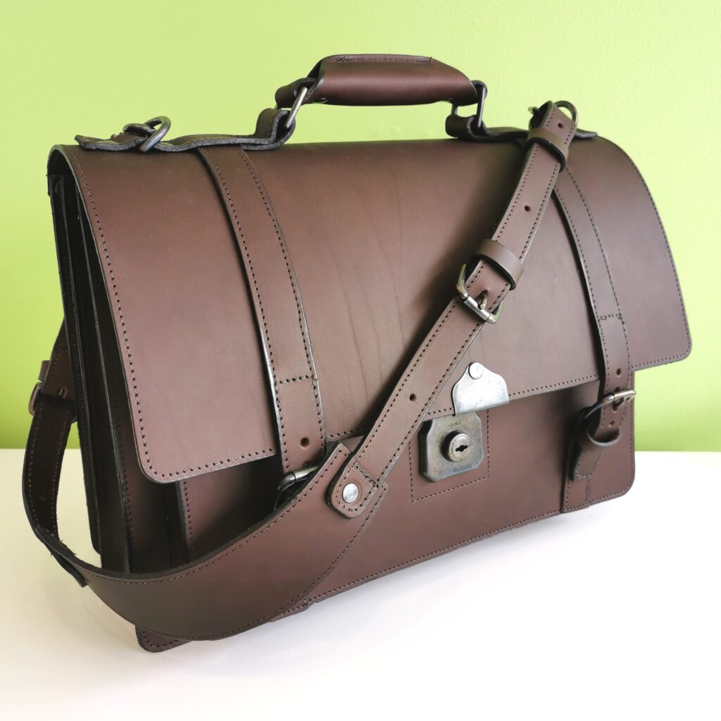 The Full Monty Briefcase in Dark Brown with gun metal silver coloured fittings by Henry Tomkins Leather - main image