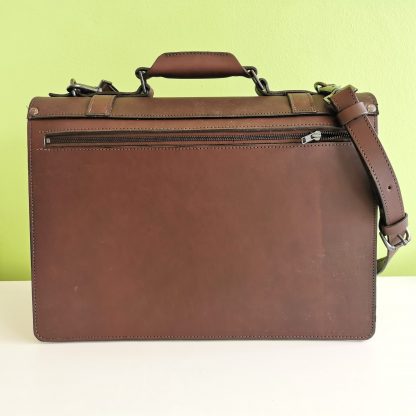 The Full Monty Briefcase in Dark Brown with gun metal silver coloured fittings by Henry Tomkins Leather - back