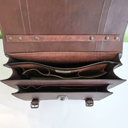 The Full Monty Briefcase in Dark Brown with gun metal silver coloured fittings by Henry Tomkins Leather - inside