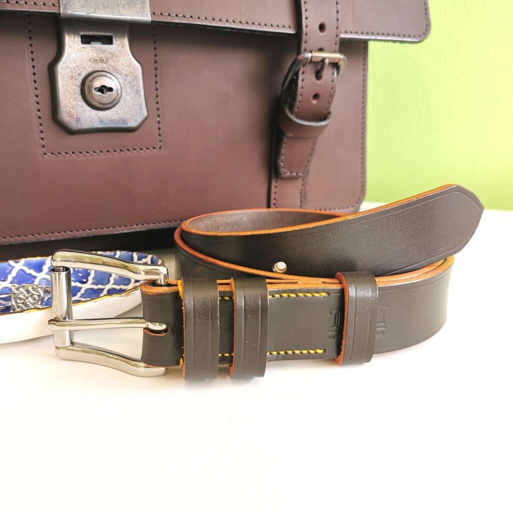 Dark Havana belt with stainless steel West End Roller buckle and yellow trims by The Belt Makers