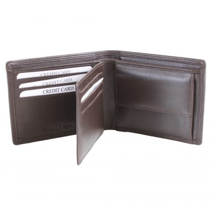 Leather Wallet with Coin Pouch, RFID card protection by Dalaco Brown open showing card slots and pocket