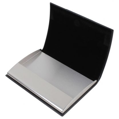 Black Leatherette Card Case with Engraving Plate open from Dalaco