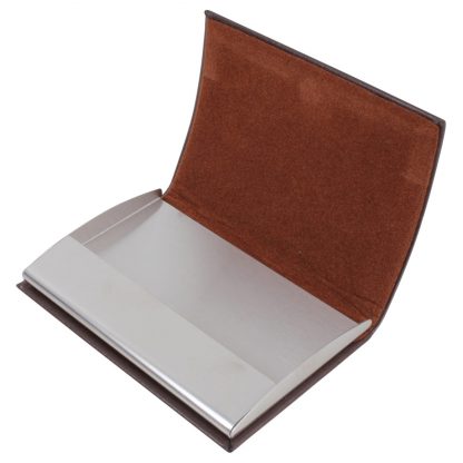 Brown Leatherette Card Case with Engraving Plate open from Dalaco