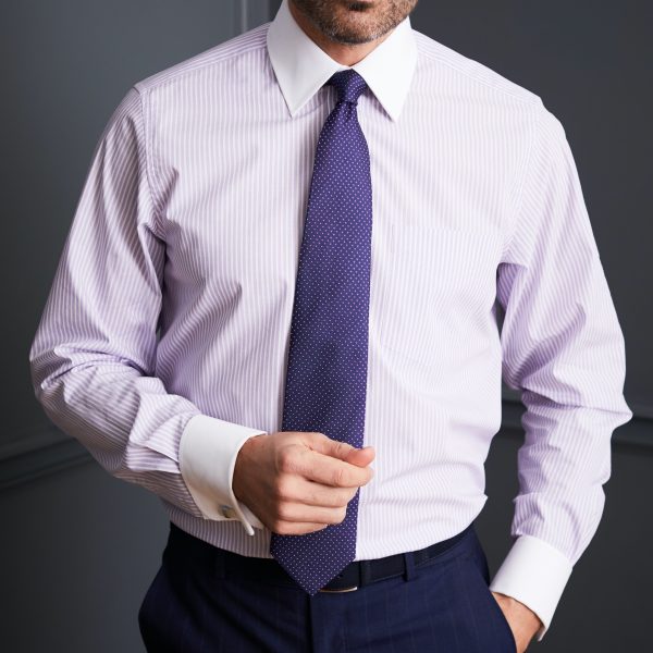 Model wearing Lilac Textured Stripe Double Cuff shirt from Savile Row Company
