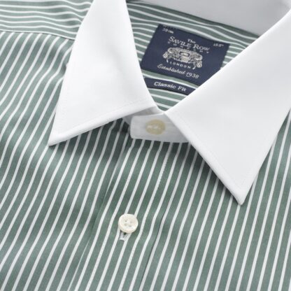 Green Reverse Stripe Double Cuff shirt collar detail from Savile Row Company