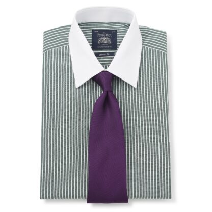 Green Reverse Stripe Double Cuff shirt shown with purple tie from Savile Row Company