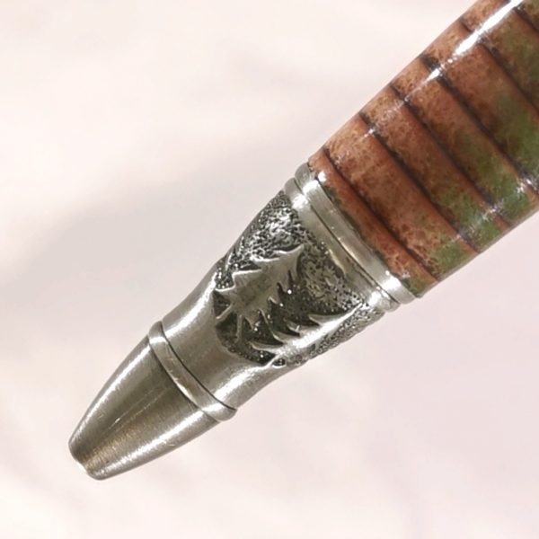 Leather Pen - Adventure Awaits in Green and Natural by Leather Pens of Somerset - Nib Front with Trees in natural with some green