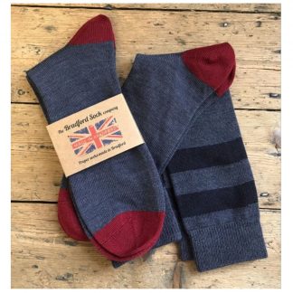 Wool Socks Twin Pack with Stripe in Denim Burgundy and Navy by The Bradford Sock Company