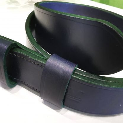 Classic Belt - Devon Blue with Green Edge on West End Roller Buckle - close up