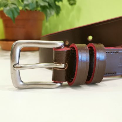 Belt - Australian Nut and Red Classic on West End Buckle in Stainless Steel close up
