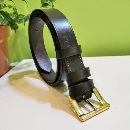 Classic Belt - SFG Black with Black Edge and Stitch on 114 Brass sst Buxton Buckle - standing to right