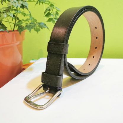 Classic Belt - Devon Black with Black Edge and Bright Purple Stitch on 112 Stainless Steel West End Buckle - standing