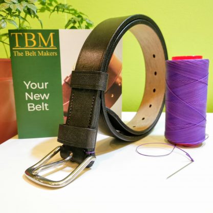 Classic Belt - Devon Black with Black Edge and Bright Purple Stitch on 112 Stainless Steel West End Buckle - pose