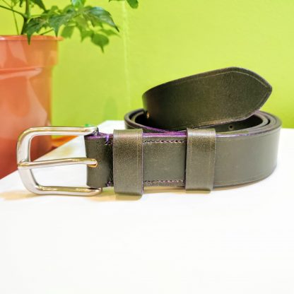 Classic Belt - Bakers Green with Purple Edge and Stitch on 112 Stainless Steel West End Buckle - head and tail