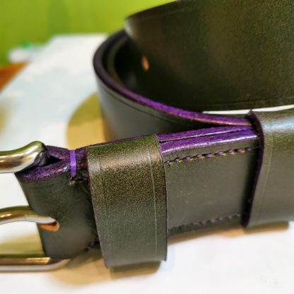 Classic Belt - Bakers Green with Purple Edge and Stitch on 112 Stainless Steel West End Buckle - edge close up