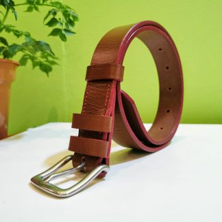 Belt - Essential Distressed Classic in Conker S2 Veg Tan Leather with Red Edge and Stitch on 114 Stainless Steel West End Buckle - standing