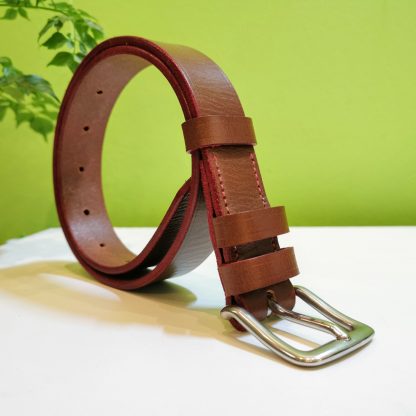 Belt - Essential Distressed Classic in Conker S2 Veg Tan Leather with Red Edge and Stitch on 114 Stainless Steel West End Buckle - standing to right