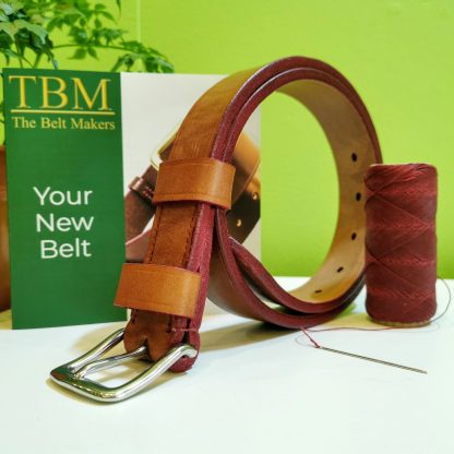 Classic Belt - Devon Dark Tan with Red Edge and Red Stitch on 114 Stainless Steel West End Buckle - pose