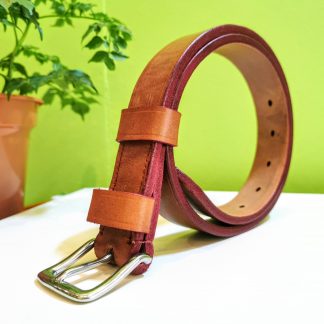 Classic Belt - Devon Dark Tan with Red Edge and Red Stitch on 114 Stainless Steel West End Buckle - standing