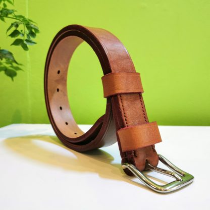 Classic Belt - Devon Dark Tan with Red Edge and Red Stitch on 114 Stainless Steel West End Buckle - standing to right