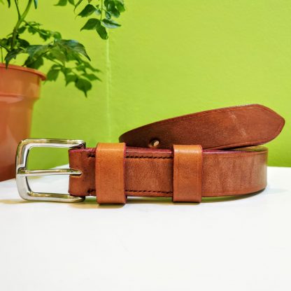 Classic Belt - Devon Dark Tan with Red Edge and Red Stitch on 114 Stainless Steel West End Buckle - head and tail